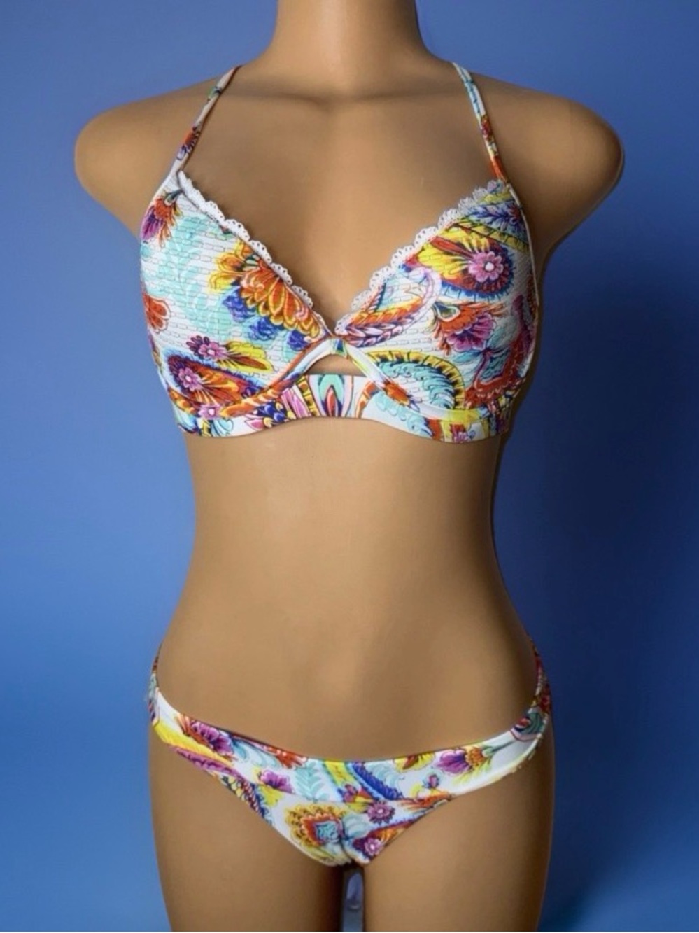 Luli Fama Multicolor Floral Lace-Trim Bikini - White, Orange, Pink, Blue, Yellow - Picture 2 of 5